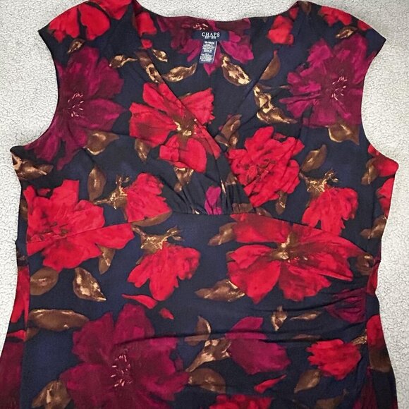Chaps Dress Womens XL Dark Floral Ruched Cap Sleeve Surplice Sheath Stretch - Picture 3 of 10